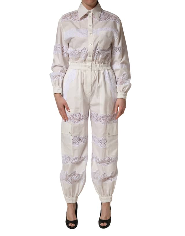 White Cotton Lace Trim Long Sleeves Jumpsuit