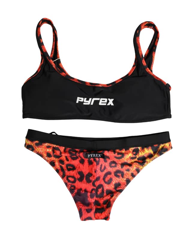 Black Top Orange Leopard Print Bottom 2 Piece Swimwear