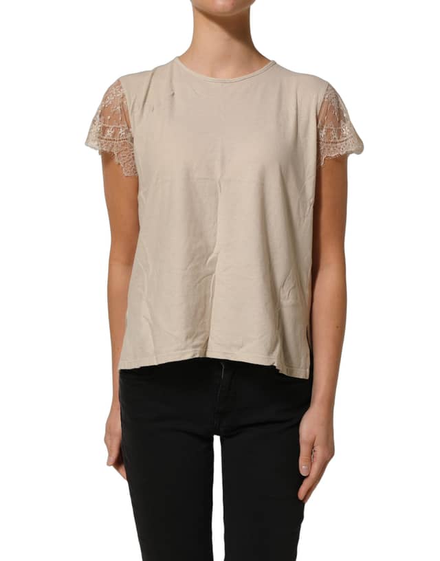 Beige Cotton Lace Detailing Round Neck Top