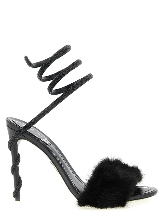 Black Leather Stiletto Heel Sandals