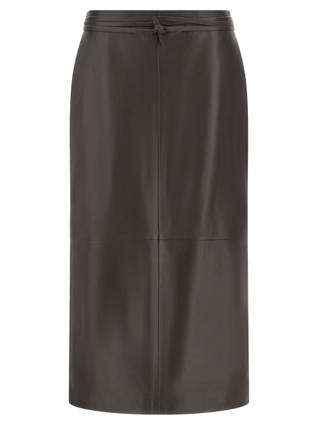 Brown Lamb Leather Midi Skirt