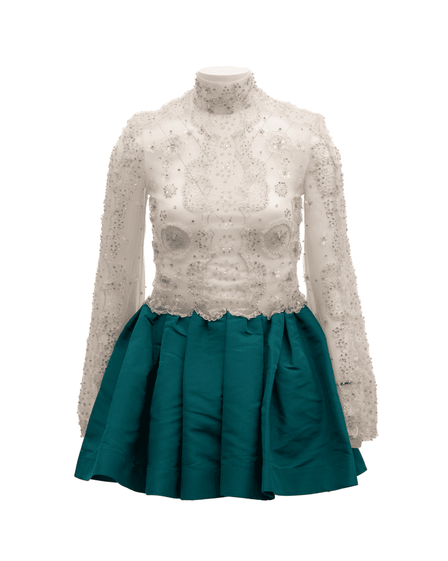 White Beaded Lace Mini Dress with Teal Skirt